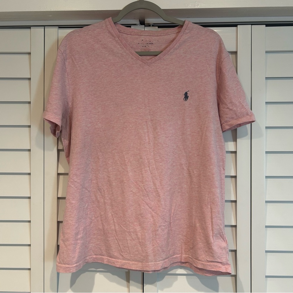 Men’s Medium Polo Ralph Lauren Pink Short Sleeve V-neck Tee With Logo